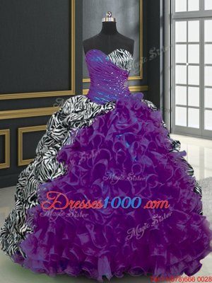 Printed Sleeveless Brush Train Beading and Ruffles and Pattern Lace Up Vestidos de Quinceanera
