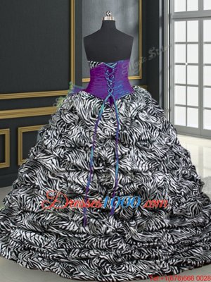 Printed Sleeveless Brush Train Beading and Ruffles and Pattern Lace Up Vestidos de Quinceanera
