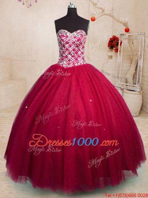 Red Ball Gowns Sweetheart Sleeveless Tulle Floor Length Lace Up Beading Ball Gown Prom Dress