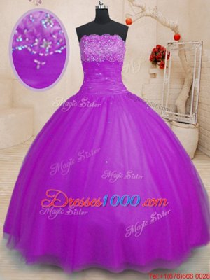 Charming Purple Ball Gowns Strapless Sleeveless Tulle Floor Length Lace Up Beading Sweet 16 Dress