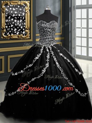 Custom Made Black Tulle Lace Up Sweetheart Sleeveless With Train Quinceanera Dress Brush Train Beading and Appliques