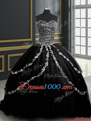 Custom Made Black Tulle Lace Up Sweetheart Sleeveless With Train Quinceanera Dress Brush Train Beading and Appliques