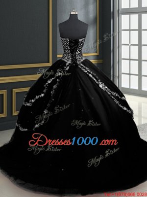 Custom Made Black Tulle Lace Up Sweetheart Sleeveless With Train Quinceanera Dress Brush Train Beading and Appliques