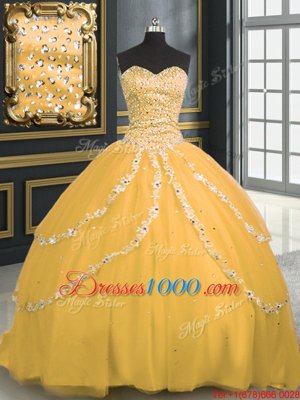 Ideal Gold Lace Up Quinceanera Dresses Beading and Appliques Sleeveless With Brush Train