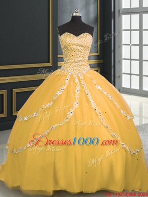 Ideal Gold Lace Up Quinceanera Dresses Beading and Appliques Sleeveless With Brush Train