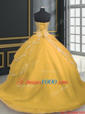 Ideal Gold Lace Up Quinceanera Dresses Beading and Appliques Sleeveless With Brush Train