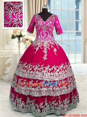 Red and Hot Pink Satin and Tulle Zipper V-neck Half Sleeves Floor Length Quince Ball Gowns Beading and Appliques and Ruffled Layers