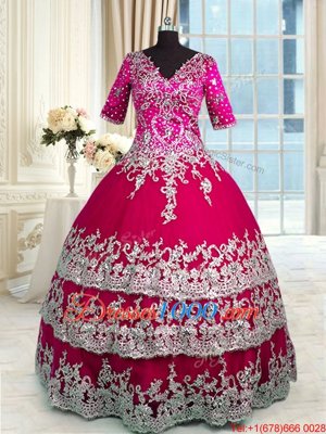 Red and Hot Pink Satin and Tulle Zipper V-neck Half Sleeves Floor Length Quince Ball Gowns Beading and Appliques and Ruffled Layers