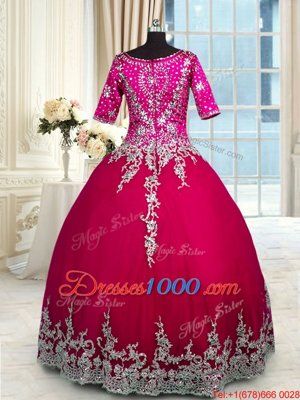 Red and Hot Pink Satin and Tulle Zipper V-neck Half Sleeves Floor Length Quince Ball Gowns Beading and Appliques and Ruffled Layers