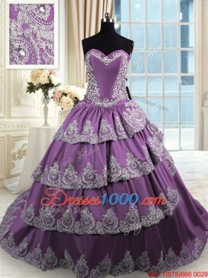 Shining Sweetheart Sleeveless Taffeta Quinceanera Gown Beading and Appliques and Ruffled Layers Lace Up