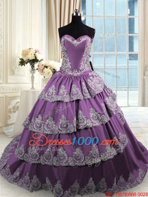 Shining Sweetheart Sleeveless Taffeta Quinceanera Gown Beading and Appliques and Ruffled Layers Lace Up