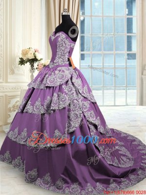 Shining Sweetheart Sleeveless Taffeta Quinceanera Gown Beading and Appliques and Ruffled Layers Lace Up