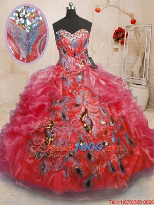 Custom Made Floor Length Red 15th Birthday Dress Organza Sleeveless Beading and Appliques and Ruffles