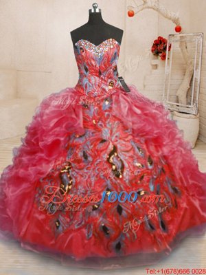 Custom Made Floor Length Red 15th Birthday Dress Organza Sleeveless Beading and Appliques and Ruffles
