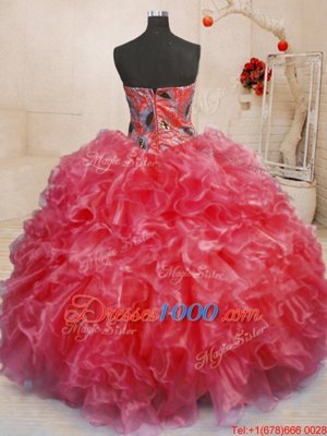 Custom Made Floor Length Red 15th Birthday Dress Organza Sleeveless Beading and Appliques and Ruffles