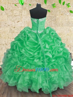 Flare Green Organza Lace Up Sweetheart Sleeveless Floor Length Quinceanera Dresses Beading and Appliques and Ruffles and Ruching