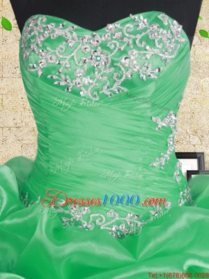 Flare Green Organza Lace Up Sweetheart Sleeveless Floor Length Quinceanera Dresses Beading and Appliques and Ruffles and Ruching