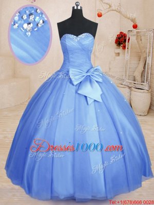 Light Blue Tulle Lace Up Sweetheart Sleeveless Floor Length Quince Ball Gowns Beading and Bowknot