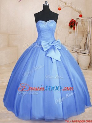 Light Blue Tulle Lace Up Sweetheart Sleeveless Floor Length Quince Ball Gowns Beading and Bowknot