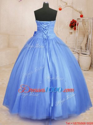 Light Blue Tulle Lace Up Sweetheart Sleeveless Floor Length Quince Ball Gowns Beading and Bowknot