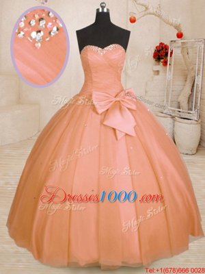 Fashionable Orange Sweetheart Lace Up Beading and Bowknot Quince Ball Gowns Sleeveless