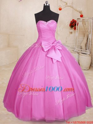 Glittering Lilac Sweetheart Lace Up Beading and Bowknot Quince Ball Gowns Sleeveless