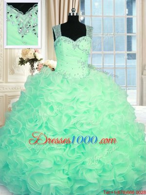 Hot Selling Apple Green Sleeveless Floor Length Beading and Ruffles Zipper Quinceanera Gowns