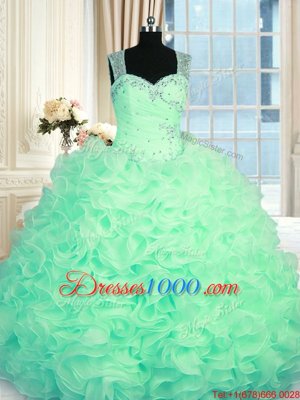 Hot Selling Apple Green Sleeveless Floor Length Beading and Ruffles Zipper Quinceanera Gowns