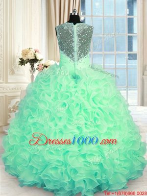 Hot Selling Apple Green Sleeveless Floor Length Beading and Ruffles Zipper Quinceanera Gowns