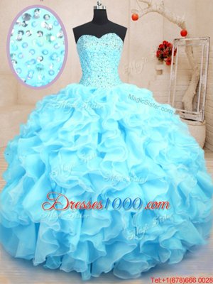 Baby Blue Lace Up Sweetheart Beading and Ruffles Ball Gown Prom Dress Organza Sleeveless