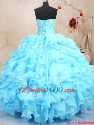 Baby Blue Lace Up Sweetheart Beading and Ruffles Ball Gown Prom Dress Organza Sleeveless