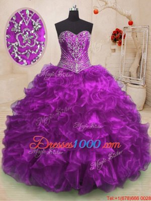 Clearance Purple Sleeveless Organza Sweep Train Lace Up Quinceanera Gown for Military Ball and Sweet 16 and Quinceanera