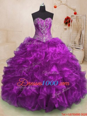 Clearance Purple Sleeveless Organza Sweep Train Lace Up Quinceanera Gown for Military Ball and Sweet 16 and Quinceanera