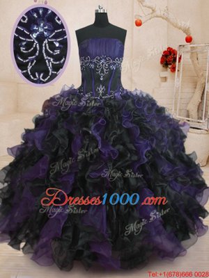 Black And Purple Quinceanera Dress Military Ball and Sweet 16 and Quinceanera and For with Beading and Ruffles Strapless Sleeveless Lace Up