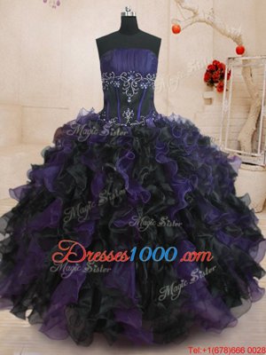 Black And Purple Quinceanera Dress Military Ball and Sweet 16 and Quinceanera and For with Beading and Ruffles Strapless Sleeveless Lace Up