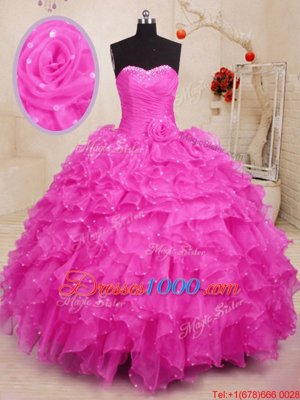 Simple Hot Pink Sleeveless Beading and Ruffles and Hand Made Flower Floor Length Sweet 16 Dresses