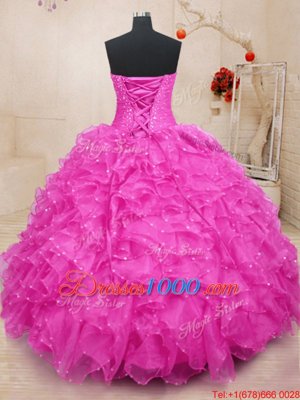 Simple Hot Pink Sleeveless Beading and Ruffles and Hand Made Flower Floor Length Sweet 16 Dresses