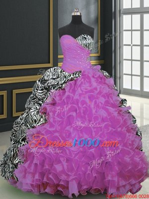 Sumptuous Fuchsia Ball Gowns Organza and Printed Sweetheart Sleeveless Beading and Ruffles and Pattern With Train Lace Up 15 Quinceanera Dress Brush Train