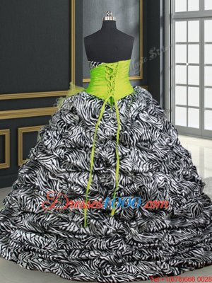 Discount Printed Yellow Green Sleeveless With Train Beading and Ruffles and Pattern Lace Up Sweet 16 Quinceanera Dress