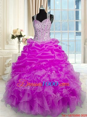 New Style Fuchsia Straps Zipper Beading and Ruffles and Pick Ups Sweet 16 Dress Sleeveless