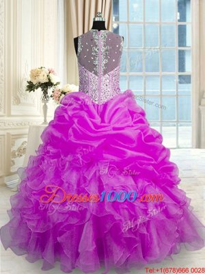 New Style Fuchsia Straps Zipper Beading and Ruffles and Pick Ups Sweet 16 Dress Sleeveless