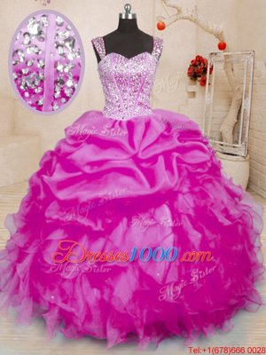 Suitable Fuchsia Organza Lace Up Sweet 16 Dresses Sleeveless Floor Length Beading and Ruffles and Pick Ups