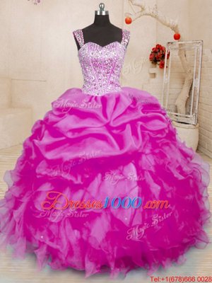 Suitable Fuchsia Organza Lace Up Sweet 16 Dresses Sleeveless Floor Length Beading and Ruffles and Pick Ups