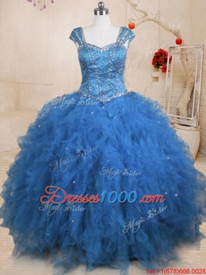 Tulle Straps Cap Sleeves Lace Up Beading and Ruffles and Sequins Quinceanera Gown in Teal