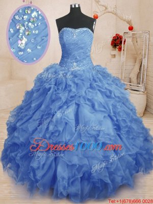 Adorable Blue Strapless Lace Up Beading and Ruffles and Ruching Vestidos de Quinceanera Sleeveless