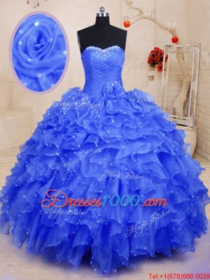 Wonderful Sweetheart Sleeveless Organza Quinceanera Gowns Beading and Ruffles and Hand Made Flower Lace Up