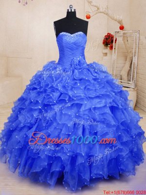 Wonderful Sweetheart Sleeveless Organza Quinceanera Gowns Beading and Ruffles and Hand Made Flower Lace Up