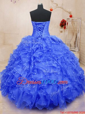 Wonderful Sweetheart Sleeveless Organza Quinceanera Gowns Beading and Ruffles and Hand Made Flower Lace Up