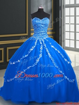 Trendy Tulle Sweetheart Sleeveless Brush Train Lace Up Beading and Appliques Quinceanera Dress in Blue