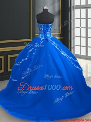 Trendy Tulle Sweetheart Sleeveless Brush Train Lace Up Beading and Appliques Quinceanera Dress in Blue